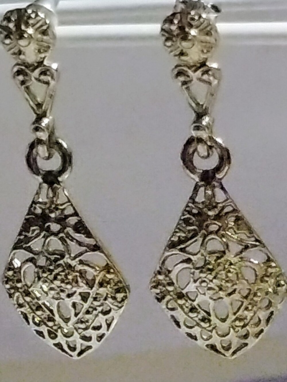 Antique Silver-tone Lacy Filigree Drop Earrings Diamond shaped Dangle Studs